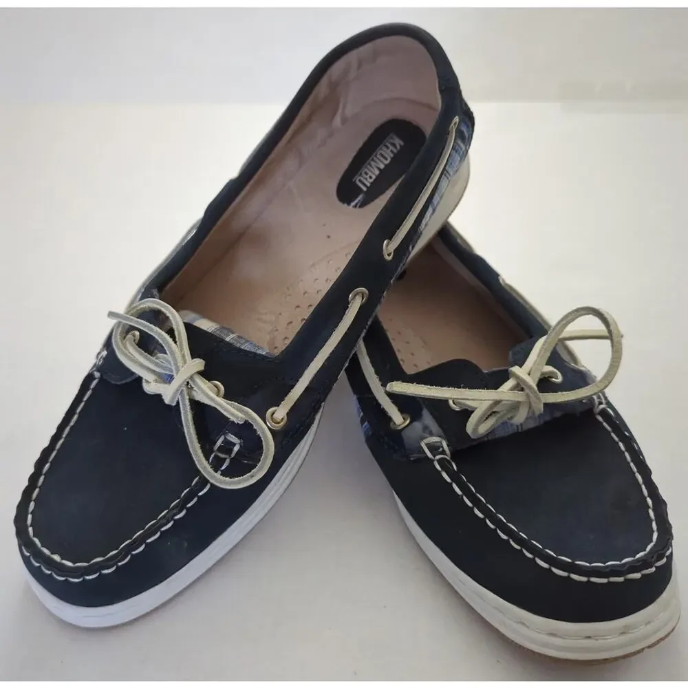 KHOMBU Blue Leather & White Plaid Slip on Boat Shoes women's Size 11